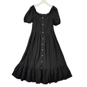 GOMORN Women Cottagecore Peasant Romantic Midi Dress 12 Black Smock Puff Sleeve